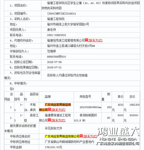 鸿业盛大中标福建工程学院公寓采购项目