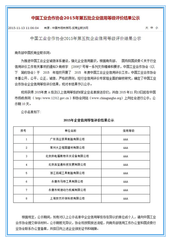 中国工业合作协会2015年第五批企业信用等级评价结果公示
