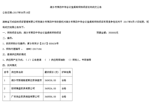 湘乡市第四中学鸿业家具中标公告