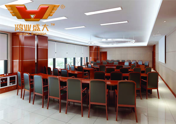 鴻業(yè)設(shè)計(jì)師根據(jù)要點(diǎn)2，為客戶設(shè)計(jì)的3D會(huì)議室家具擺放效果圖解決方案